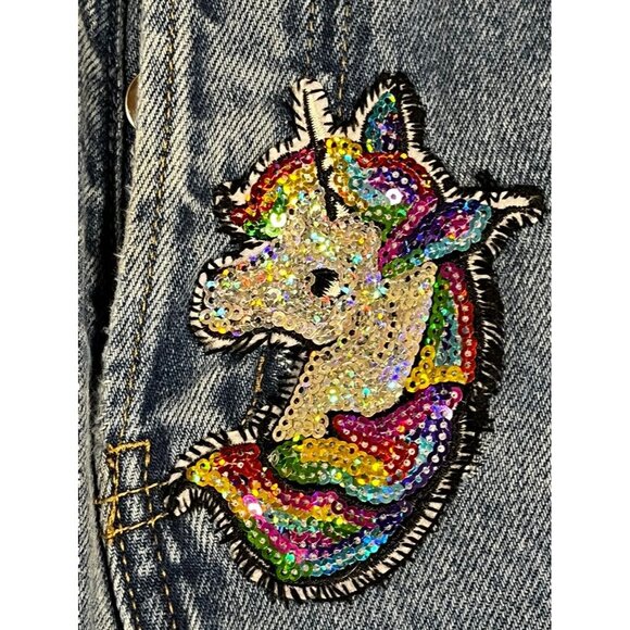 H&M Denim Wide Leg Jeans Blue 6 Unicorn Sequin Western Festival Concert Fairy - Picture 2 of 11